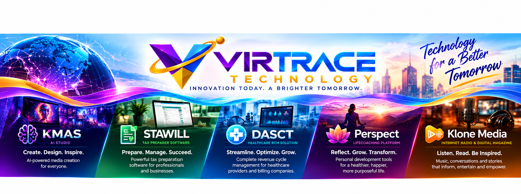 Virtrace Technology banner presenting KMAS, STAWILL, DASCT, Perspect, and Klone Media